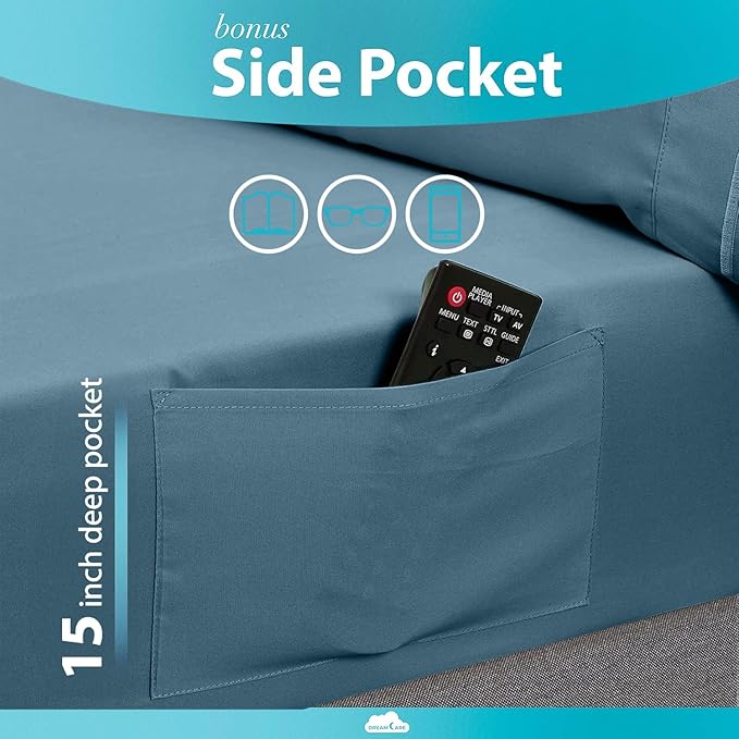 DREAMCARE Full Size Sheets - 6 pcs Breathable Cooling Bed Sheets - up to 15" Deep Pocket Full Size Bed Sheets wth Side Pockets -Extra Soft 100% Brushed Hypoallergenic Hotel Luxury Bedding Mineral Blue