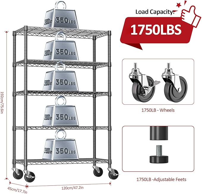 IZEUK 5-Tier Adjustable Heavy Duty Steel Wire Shelving Unit with Wheels, Storage Rack Organizer for Garage, Kitchen, Office, Laundry, Basement (Black, 17.7" D x 47.2" W x 76.7" H, 1750 lbs Capacity) - Image 3