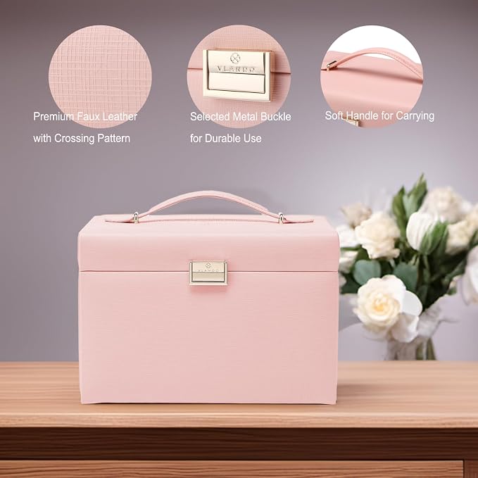 Vlando Mirrored Jewelry Box Organizer, Leather Jewelry Storage Case, Necklaces Earrings Rings Brackets Box Holder, Pink - Image 5
