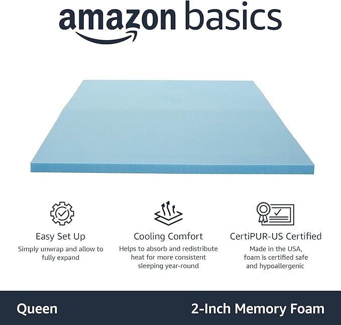 Amazon Basics Queen Cooling Gel-Infused Memory Foam Mattress Topper for Better Sleep, CertiPUR-US Certified, 2 inches, Blue