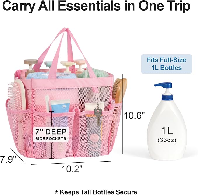 F-color Mesh Shower Caddy Portable, Upgrade Deeper 7 Pockets Shower Bag Basket Tote for College Dorm Room Toiletry Bathroom Essentials Gym Camp Quick Dry 2 handles with S Hook, Pink - Image 3