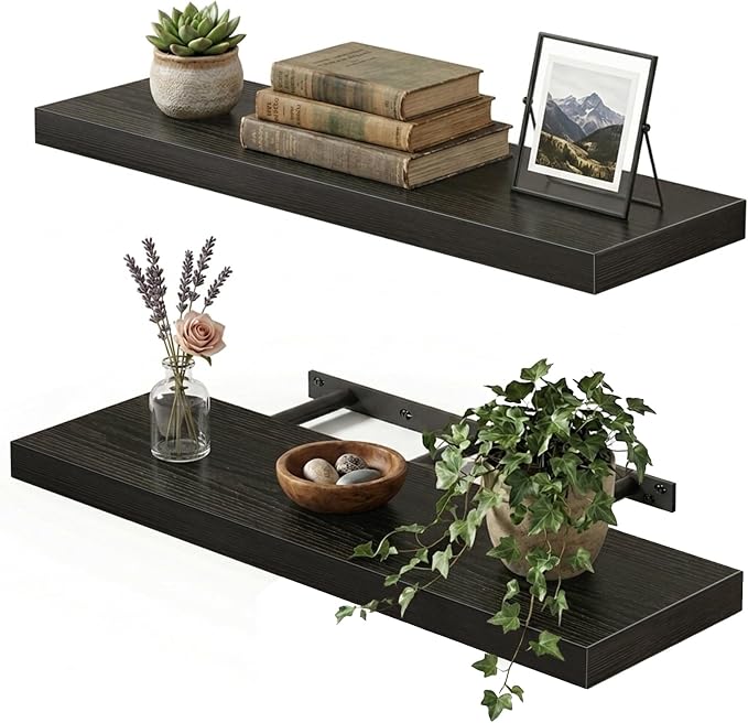 Fixwal Black Floating Shelves for Wall, 22" Long Wall Mounted Rustic Wood Shelves for Living Room, Bedroom, Bathroom and Kitchen, Wall Shelves for Storage, Books, Room Decor Set of 2 by Fixwal