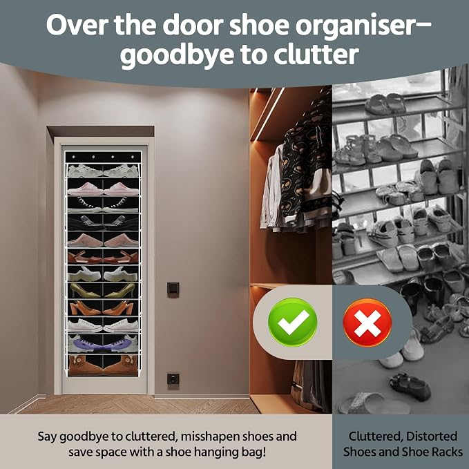 PAULONE 12 Pocket Over the Door Shoe Organizer,Reusable Breathable Large Mesh Bag Men's & Women's Sneaker Organizer,Shoe Organizer for Kids,Hanging Shoe Storage Hanging Bag (Black) - Image 7