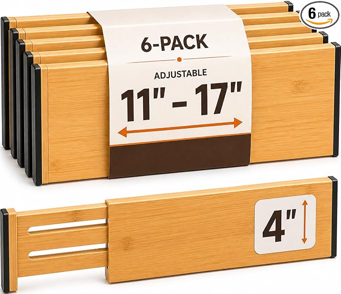 6-Pack Drawer Dividers - 4 Inches High, Adjustable 11 to 17 Inches Bamboo Drawer Organizers, Large Deep Expandable Separators for Clothes, Dresser, Bedroom, Bathroom, Baby, Office, Kitchen Utensils by Bamb%C3%BCsi