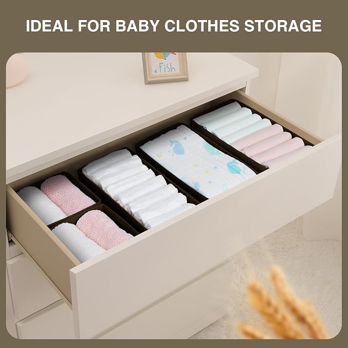 DIMJ Drawer Organizer Clothes, Underwear Drawer Organizer, Set of 4 Foldable Closet Drawer Bins, Fabric Drawer Dividers for Baby Clothes, Socks, Belt, Tie (Brown) - Image 3