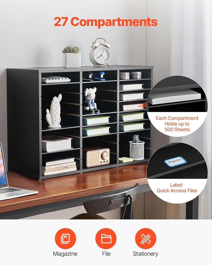 VEVOR Literature Organizer, 27 Compartments Office Mailbox with Removable Shelves, Wooden Mailbox Sorter Particle Board Office Home Classroom Storage, File Sorter for Files, Documents, Papers, Black - Image 6