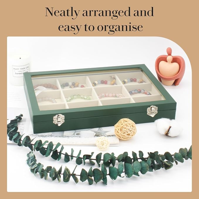 KOOAAICCHI Jewelry Tray Organizer with Clear Lid - 12 Grid Storage Display Case with Lock Earring Ring Organizer Showcase Gifts for Women-Green - Image 2