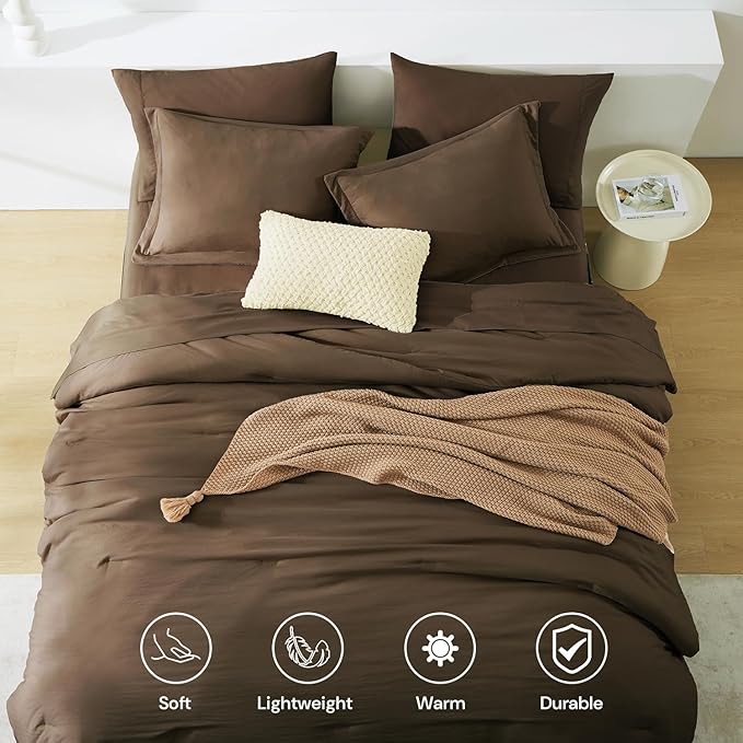 WRENSONGE Queen Comforter Set- 7 Pieces Soft Chocolate Brown Bed in a Bag with Fitted Sheet, Flat Sheet, 2 Pillow Shams, and 2 Pillowcases- Warm Bedding Sets Queen for All Season