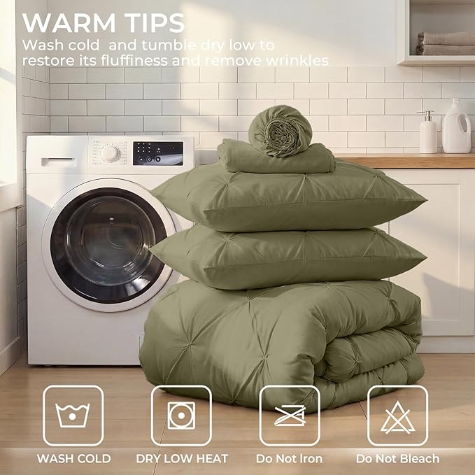 Sasttie Twin XL Comforter Set, 5-Piece Bed in a Bag, Pintuck Bedding Sets for All Season, Includes Comforter, Flat Sheet, Fitted Sheet, Pillowcase and Pillowsham, Olive Green