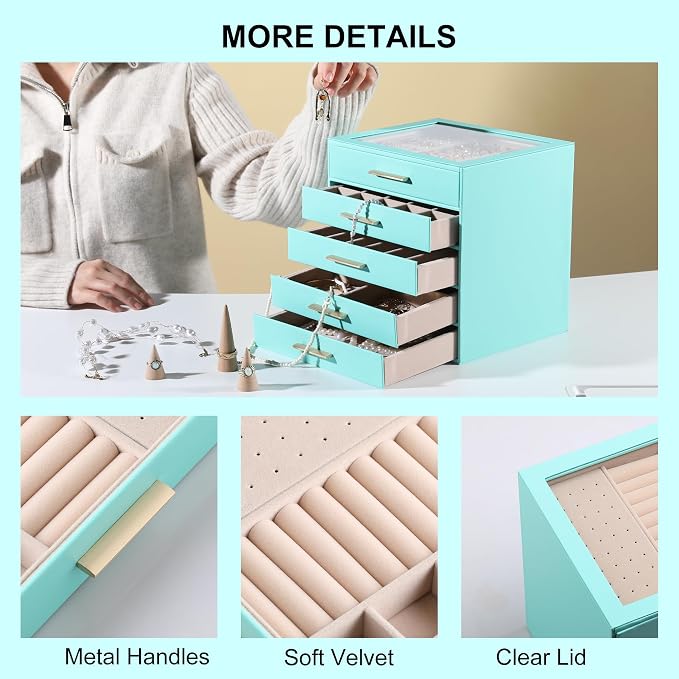 Frebeauty Clear Lid Jewelry Box,5-Layer Jewelry Organizer with Drawer,PU Leather Jewelry Organizers and Storage,Jewelry Boxes for Women,Jewelry Storage for Rings Earring Stud,Gift for Women(Turquoise) - Image 5