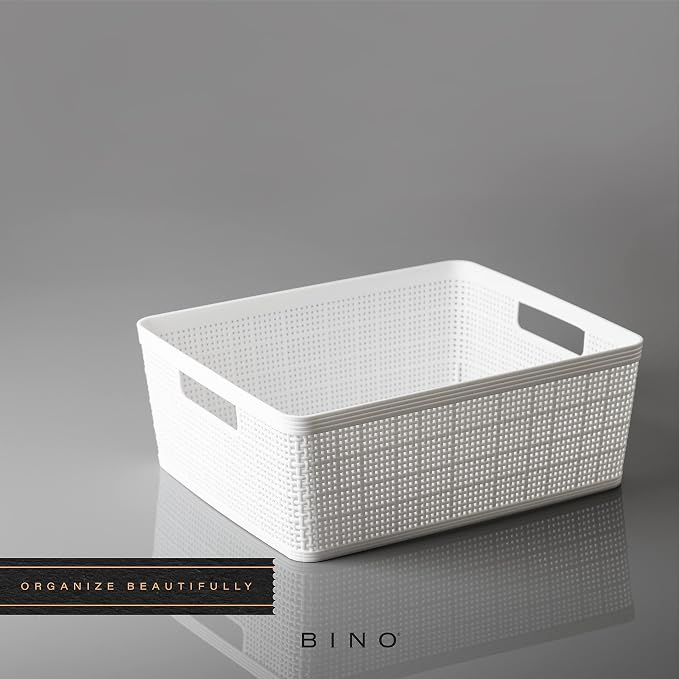BINO | Woven Plastic Basket | Medium (White), 4-Pack | THE JUTE COLLECTION | Home Organization, Space - Saving Storage, Stylish Design | Jute Basket | Plastic Storage Basket - Image 6