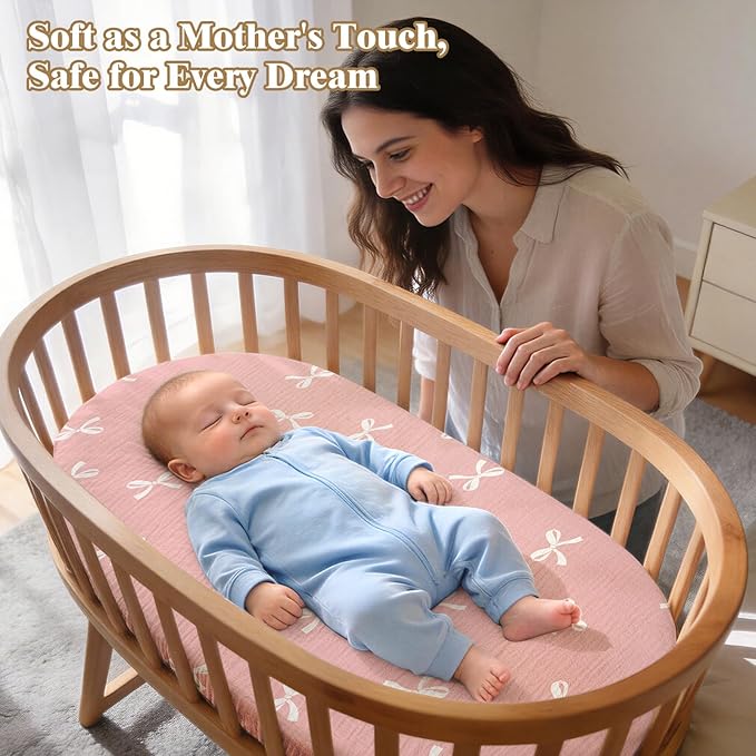 Basumee Muslin Bassinet Sheets for Baby Girl Boy 2 Pack Soft Breathable Baby Bedside Bassinet Fitted Sheets with Bottom Elastic Band Mattress Cover for Rectangle Oval Hourglass Bassinets