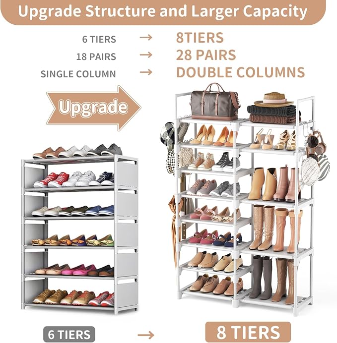 ROJASOP White Shoe Rack, Tall Metal Shoe Rack Organizer for Entryway Closet Garage, 8 Tier Large Shoe Shelf for 26-32 Pairs Boots & Shoes Storage, Space Saving Heavy Duty Shoe Stand - Image 4