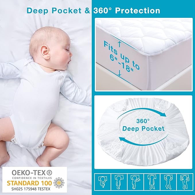 Waterproof Split Top King Mattress Protector for Adjustable Beds, Breathable Noiseless Split Top King Mattress Pad Cover, 32”-34" from Head, 6-18 Inches Deep Pocket, White