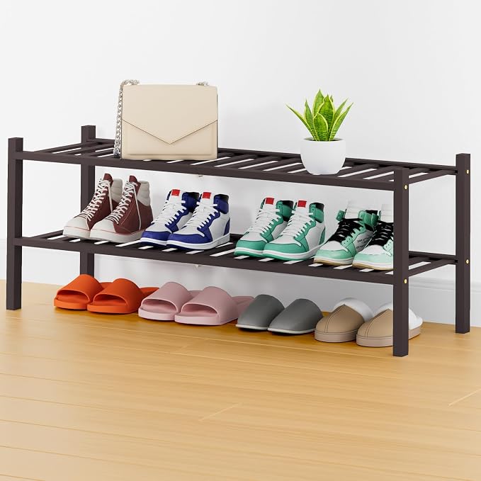 Smiry Shoe Rack, 2 Tier Thick Long Bamboo Shoe Organizer, Stackable Free Standing Wooden Shoe Storage Shelf for Closet, Entryway, Front Door Entrance, Brown by Smiry