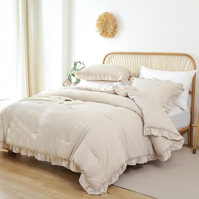 JANZAA Queen Size Comforter Beige Ruffle Comforter Set for Queen Bed 3PCS (1 Off White Comforter and 2 Pillowcases) Vintage Shabby Chic Bedding Soft Fluffy Bed Set for All Season
