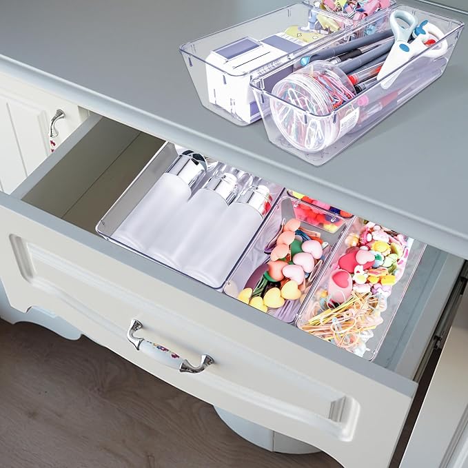 4 PCS Clear Plastic Drawer Organizer, Desk Drawer Divider Organizers and Storage Bins for Makeup, Jewelry, Gadgets for Kitchen, Bedroom, Bathroom, Office (9.0"x3.0"x2.2") - Image 6