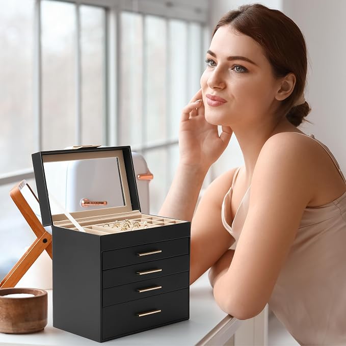 Somduy Jewelry Box, 5 Layers Jewelry Storage Display Box with Glass Lid for Women, 4 Drawers,Large Capacity for Necklace Earrings Bracelets Rings, Black - Image 7