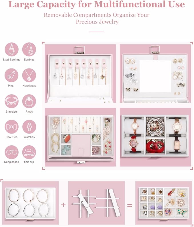 DesignSter Jewelry Box for Women Girl, 3-layer Lockable Jewelry Organizer with Mirror, Large Leather Jewelry Case for Earring Necklace Ring Bracelet Watch - Image 3