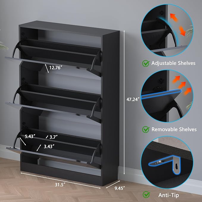 BORNOON Shoe Cabinet with 3-Flip Mirror Drawers, Freestanding Shoe Rack Organizer with Hidden Handle, Slim Narrow Shoe Storage Cabinet for Entryway, Entrance, Hallway, Bedroom - Image 2