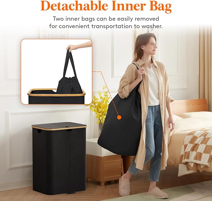 Lifewit 150L Double Laundry Hamper with Lid, Large Laundry Basket with Removable Bag & Bamboo Handles, Fodable Tall Dirty Clothes Hamper for Laundry Collapsible Bin for Bathroom Bedroom Dorm, Black - Image 4