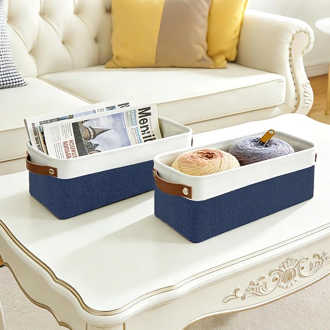 Bagnizer Small Fabric Storage Baskets, 15x6x5 inch Narrow Storage Bins 4-Pack Long Storage Basket for Organizing with Handles, Decorative Basket for Closets, Shelves, Toilet Paper, Navyblue - Image 8