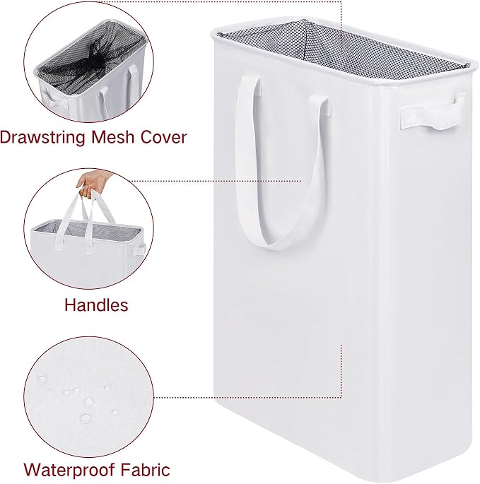 efluky Slim Laundry Basket, Narrow Laundry Hamper with Handles, Collapsible Dirty Clothes Hamper, Tall Laundry Bin for Laundry Room, Dorm and Bedroom, 12.7 Gallons(75L) White - Image 3