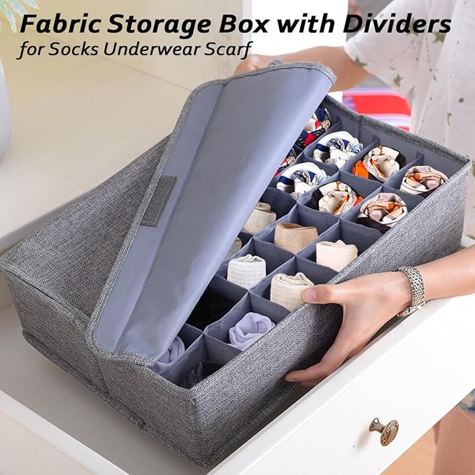 AARAINBOW 2 Packs Underwear Socks Ties Storage Organizer with Lids Foldable Closet Drawer Organizer 60 Cells, Fabric Wardrobe Divider Storage Boxes for Scarves and Lingerie (30 Cell, 2 Coffee) - Image 6
