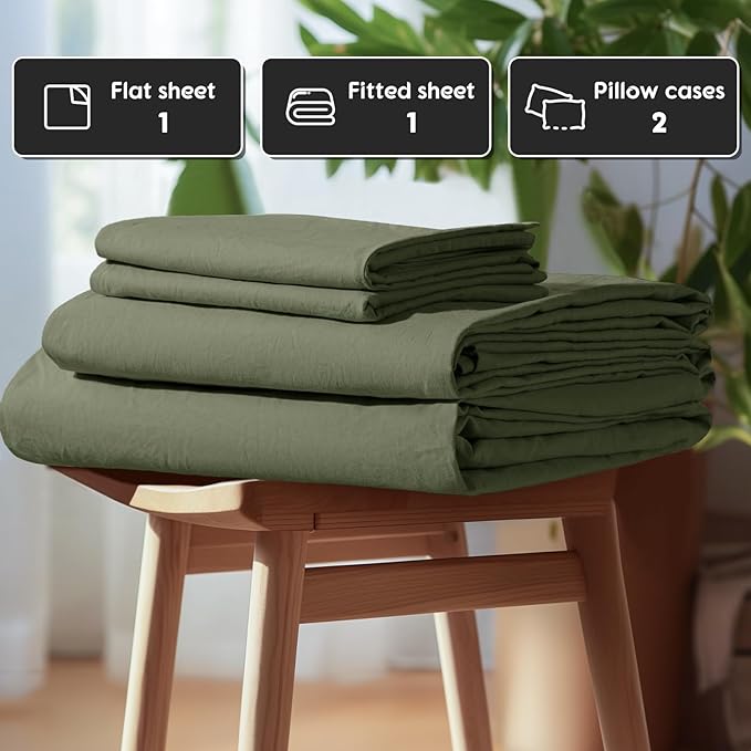 SONORO KATE 100% French Pure Linen Sheets, Breathable and Durable Linen King Size Sheets, Anti-Tear Linen Bed Sheets, Machine Washable, 16 Inch Deep Pocket - 4 Piece (Olive Green, King)