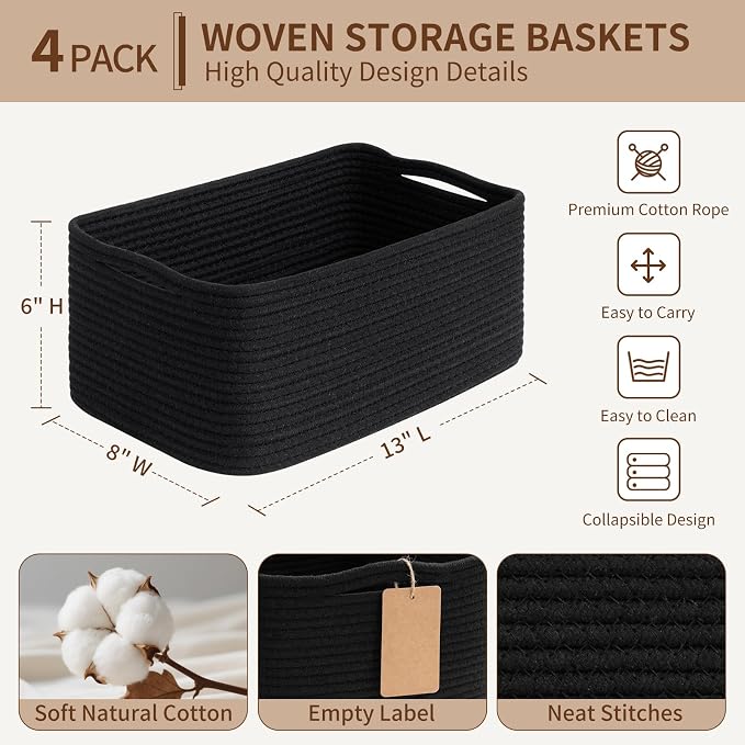 Goodpick 4 Pack Storage Baskets for Shelves, Rectangle Cotton Rope Baskets for Organizing, Closet Storage Bins for Baby Toys, Decorative Woven Basket with Handles, 13''L x 8''W x 6''H, Black - Image 3