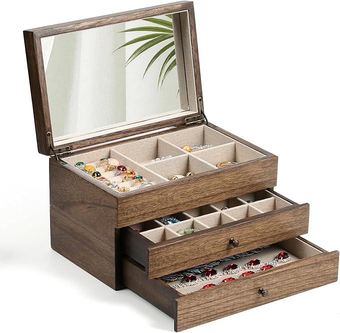 Meangood Jewelry Box Organizer for Women, 3 Layer Large Jewelry Storage Case, Rustic Wooden Jewelry Box with Mirror & Ring Tray for Necklace Earring Bracelets Rings, Vintage Style (Walnut) by Meangood