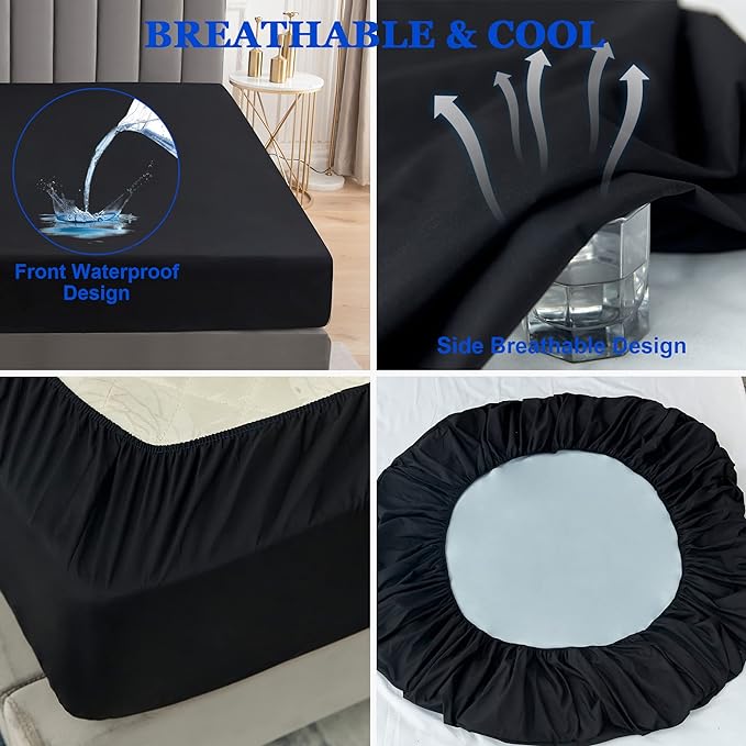 1 Piece Waterproof Mattress Protector Alberta King Size Fits Up to 15" Inch Deep Pocket Pad Cover Fitted Style Super Soft Terry Fabric Vinyl-Free Black Solid