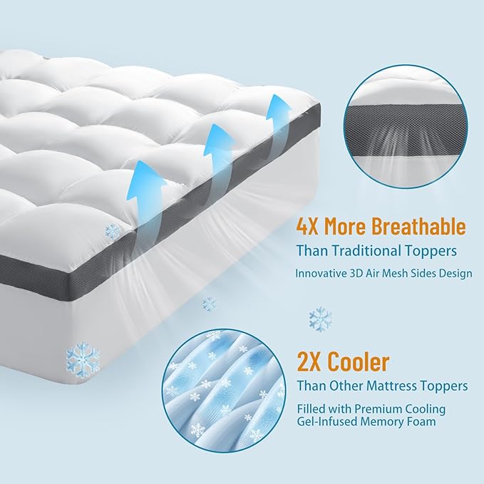 4 Inch Memory Foam Mattress Topper, Cooling Extra Thick 2000 GSM Pillow Top Mattress Pad for Back Pain Relief,Soft Breathable Mattress Cover for Fluffy Shredded Memory Foam Filled,(King, 78"x80")