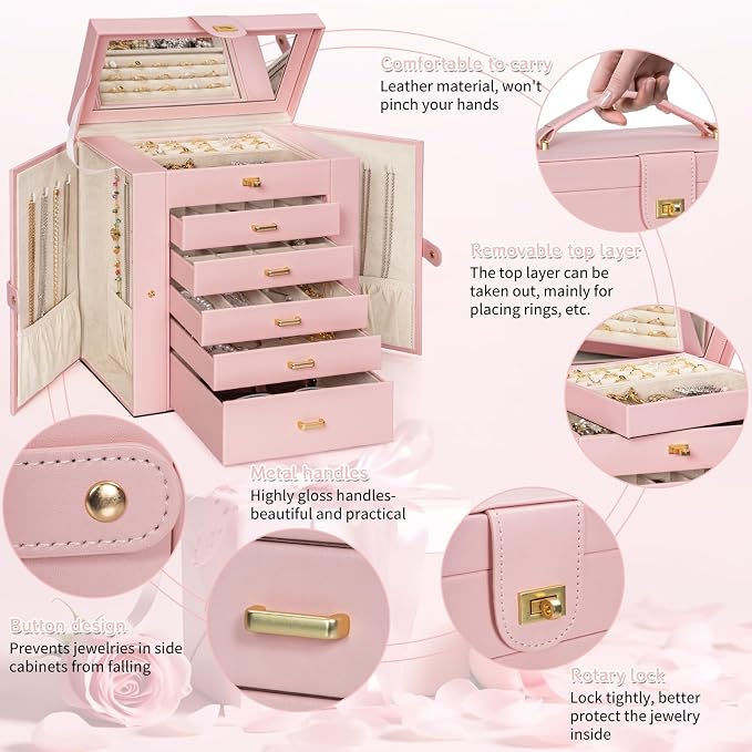 AKOZLIN Huge Jewelry Box Organizer Functional Extra Large Leather Jewelry Storage Case for Women Girls Ring Necklace Earring Bracelet Holder Organizer with Mirror - Image 4