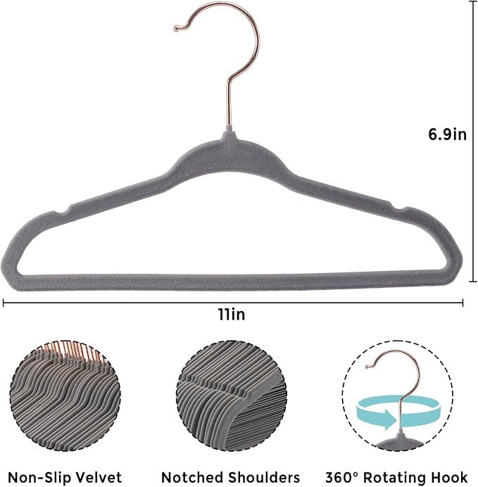 Tonswachic Velvet Baby Hangers 30 Pack - 11 Inch Non-Slip Kids Hanger for Newborn Clothes - Small Toddler Child Hangers Durable for Every Use - 10 Hanger Clips Included, Gray - Image 2