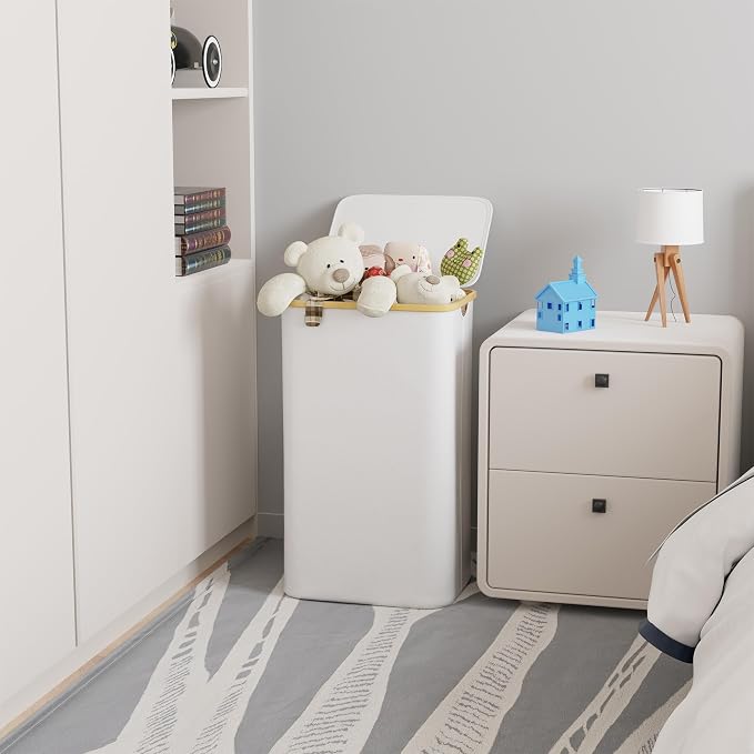 SUOCO Laundry Hamper with Lid, 29 Gal (110L) Clothes Basket with Bamboo Handles, Large Foldable Laundry Hamper for Bedroom, Bathroom, Dorm, Laundry Room - White - Image 2