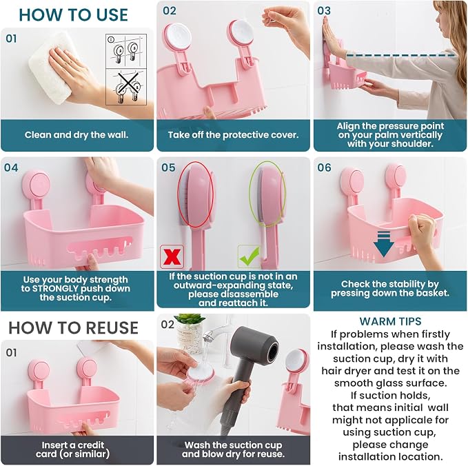 TAILI Shower Caddy Suction Cup, Heavy Duty Bathroom Organizer, Removable Shelves for Inside Shower, Shampoo, Waterproof Suction Plastic Storage for Bathroom Accessories Holder, Pink - Image 6