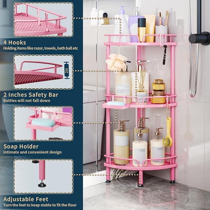 Consumest Corner Shower Caddy Stand - 3 Tier Shower Organizer with Soap Holder, Tall Floor Corner Shelf Standing with Adjustable Feet & 4 Hooks, Storage Rack for Bathroom Pink - Image 4