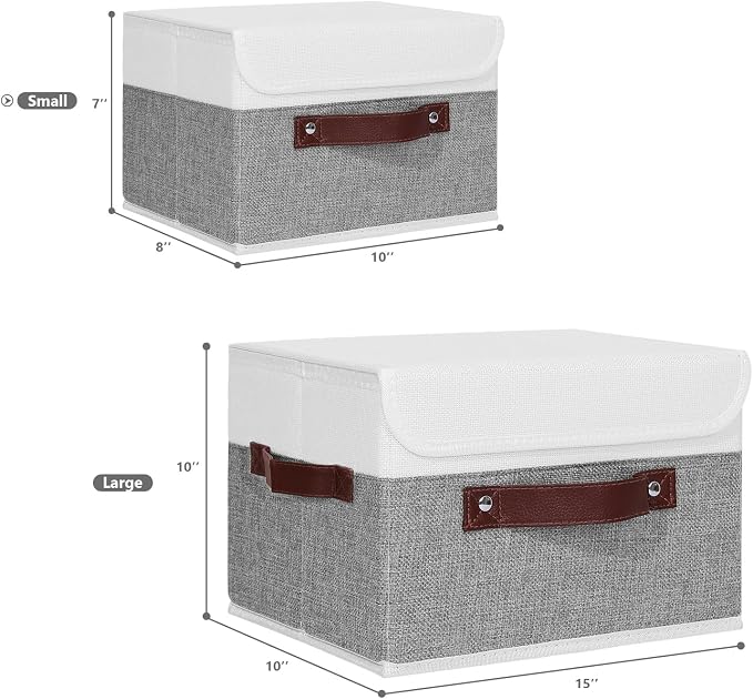 ANMINY Storage Boxes with Lids Washable Decorative Storage Bins Basket with PU Leather Handle Foldable Linen Fabric Storage Cubes Containers for Home Closet Organizer - Gray White, Small Size - Image 5