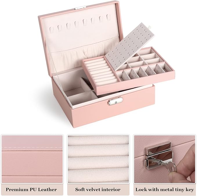 Jewelry Box for Women Girls, 2 Layers Jewelry Organizer Container with Lock, PU Leather Storage Case with Removable Tray, Jewelry Display Box for Necklaces Earrings Bracelets Rings Watches (Pink) - Image 4