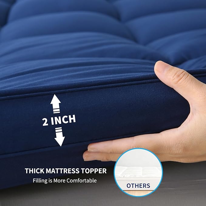 Thick Mattress Topper with Deep Pocket, Extra Pillow Top Mattress Pad, Breathable & Cooling Mattress Cover, Fits 8-21 Inch, Soft Support for Back Pain Relief, Mattress Protector (Queen, Navy Blue)