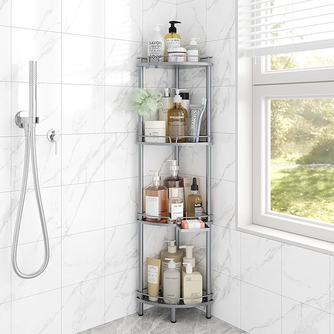 ELYKEN Corner Shower Caddy Standing, 4 Tier Rustproof Metal Shower Organizer with Soap Holder, Floor Shower Corner Shelf Rack Storage Stands with Adjustable Feet & 2 Hooks for Bathroom, Silver by ELYKEN