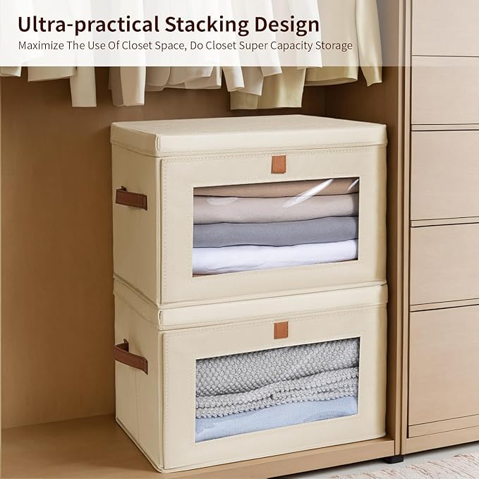 Homsorout Large Closet Storage Organizer - Clothes Storage Bins with Handles & Window, Collapsible Decorative Boxes with Lids, Fabric Containers for Living Room, Dorm, 2 Pack, Beige - Image 5
