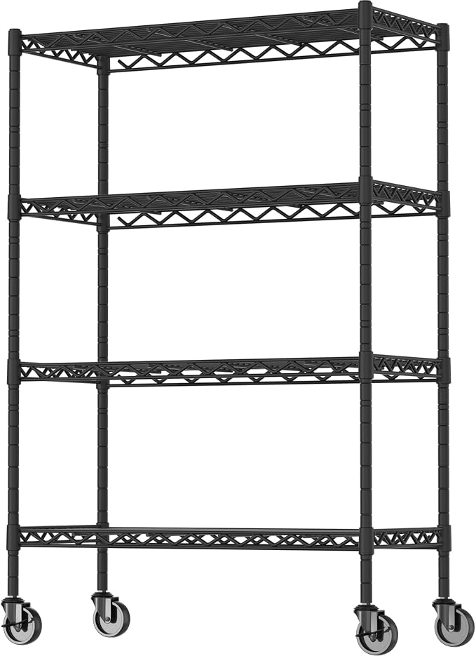 Soywey 4-Shelf Adjustable Heavy Duty Storage Shelving Unit on 4 Wheel Casters, Metal Organizer Wire Rack for Laundry Bathroom Kitchen Pantry Closet, Black by SoyweyDirect