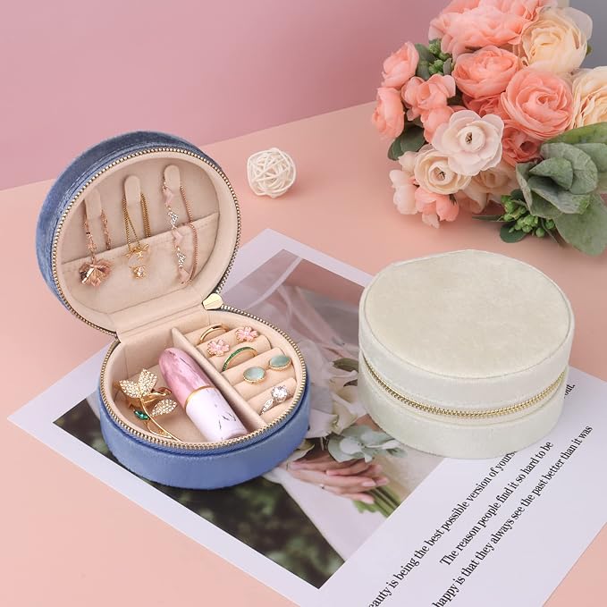 DesignSter Travel Jewelry Box - Velvet Mini Jewelry Organizer, Small Jewelry Case for Girls Women, Jewelry Storage Box for Rings Earrings Necklace (Circular, Cream Beige) - Image 7