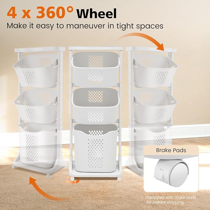 BAOKALER Rolling Laundry Hamper Cart with Wheels, 3 Tier White Laundry Baskets, Clothes Hamper with Portable Storage Baskets for Kitchens, Bathrooms, Bedrooms, Classrooms, Laundry Rooms(75L) - Image 5