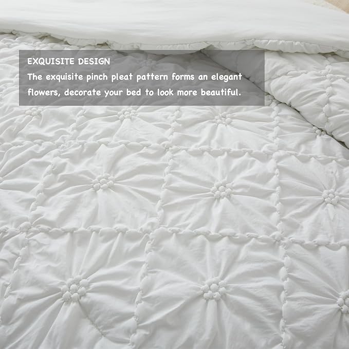 BEDAZZLED Queen Size Comforter Sets, White Bedding Comforter Set, 3 Pieces Pinch Pleat Bedding Sets with Comforter and Pillowcases Soft Farmhouse Shabby Chic Comforter for All Season