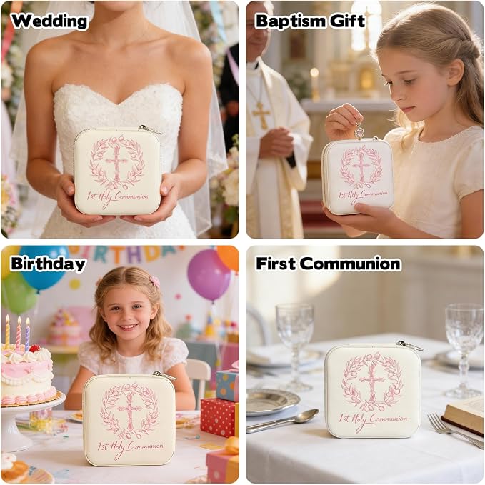 2 Pcs First Communion Travel Jewelry Box, Small Zippered Jewelry Case with Soft Lining, White Square Keepsake Box for Rings Earrings Necklaces, Religious Keepsake Gift for Baptism or Wedding(2, White) - Image 5
