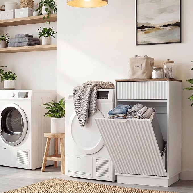 Tilt-Out Trash Cabinet, White Laundry Hamper Cabinet with Black Top, 34.3 x 19 x 13.8 inches, 10 Gallon Capacity, Wave-Textured Front, Storage Drawer. - Image 8