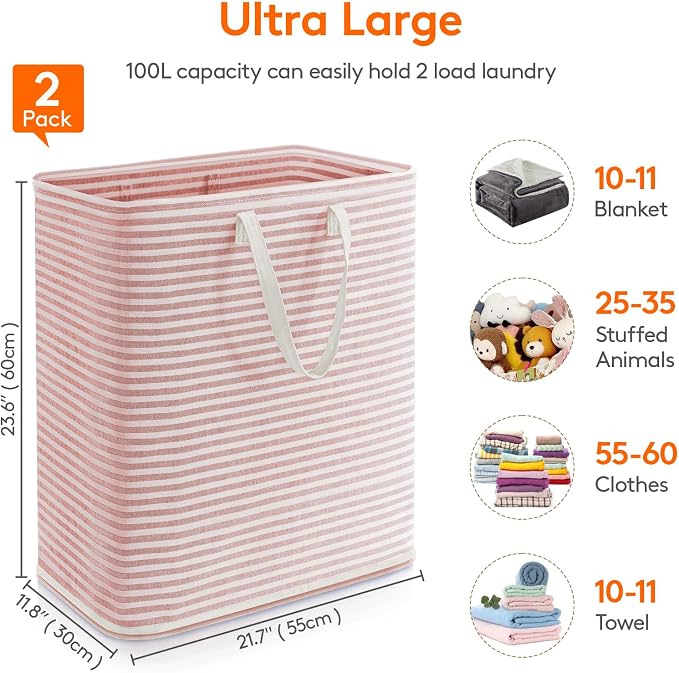 Lifewit 2 Pack Laundry Basket 100L Each, Collapsible Clothes Hamper with Reinforced Handles, Freestanding Waterproof Design for Bedroom and Laundry Room, Grey&Pink 200L Total - Image 4